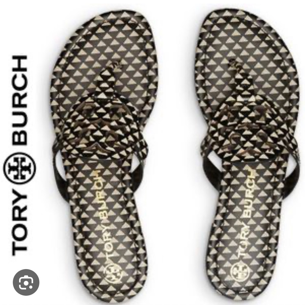 TORY BURCH Miller Thongs Leather Sandals Triangle Geo Flip Flops Slides Size 10